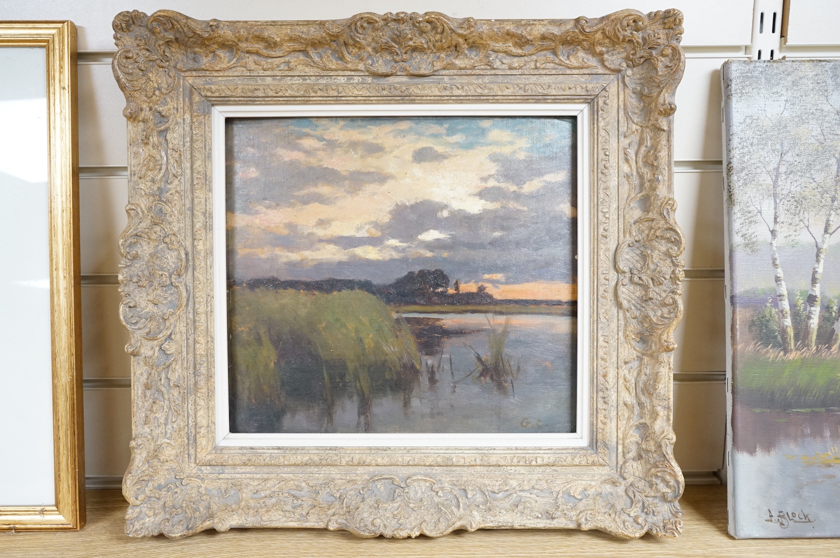 In the Manner of Sir George Clausen RA (1852-1944), oil on board, Sunset over Norfolk, initialled GC, 28 x 30cm. Condition - fair to good, board warped